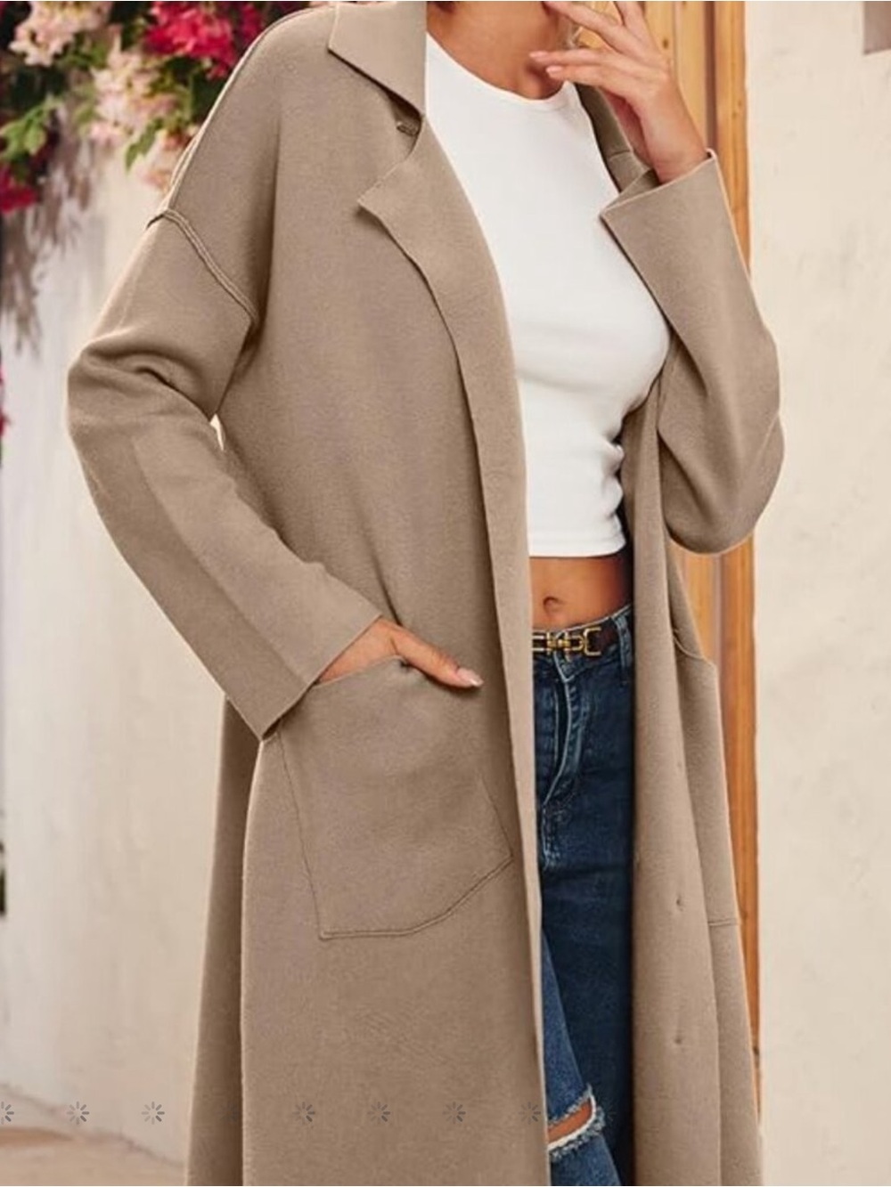 Taupe Longline Open Front Blazer Coat